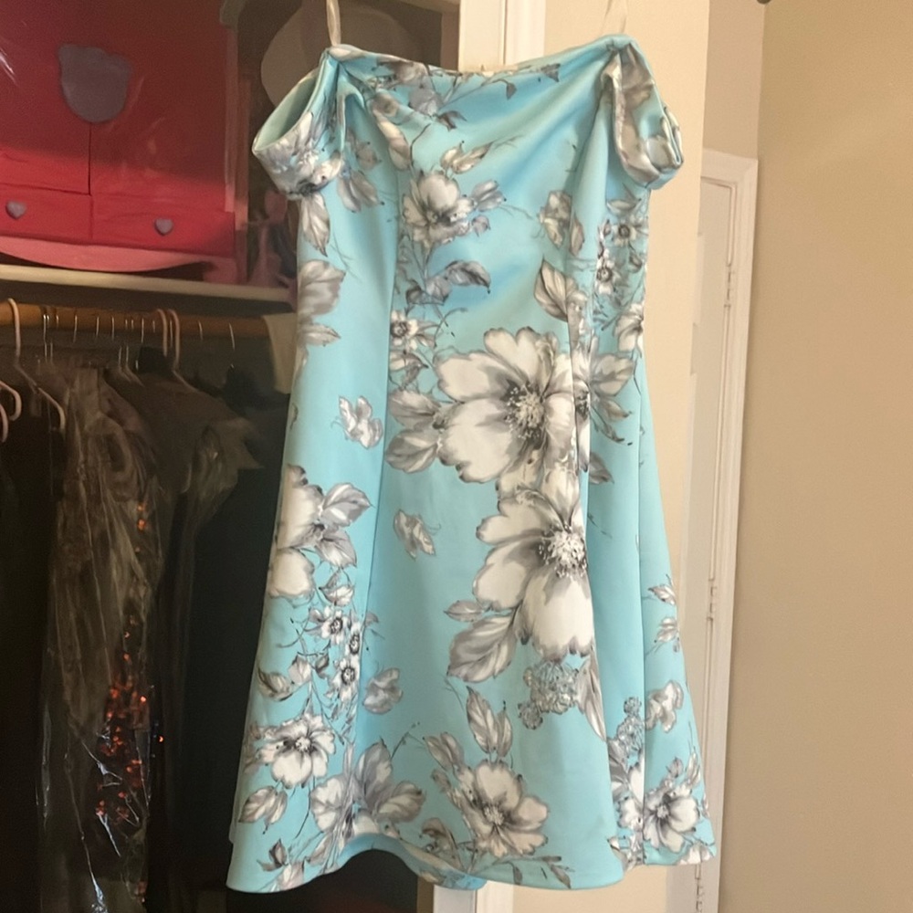 Teeze Me White and Gray Off-the-Shoulder A-Line Dress